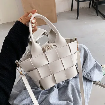 

Weave Bucket Bag PU Leather Crossbody Bags For Women's 2020 Solid Color Shoulder Bags Female Handbags And Purses Lady Travel Bag