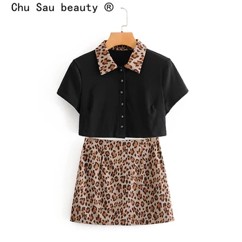

New 2020 Sexy Chic Leopard Print Women Two-piece Sets Single-breasted Short Sleeve Crop Tops+Mini Skirts Suits Traje De Mujer