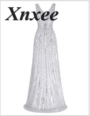Xnxee Vestidos сексуальное одноцветное длинное платье без рукавов с v-образным вырезом женские платья модное праздничное платье Xnxee - Цвет: Серебристый
