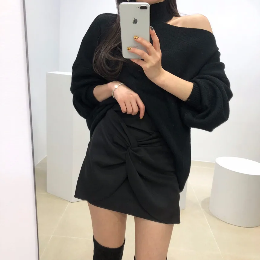 balck WAVSIYIER, винтажный вязаный свитер, женский, с открытыми плечами, однотонный, для женщин, Осень-зима, толстый джемпер, для женщин,, модный, подиумный пуловер - Цвет: balck