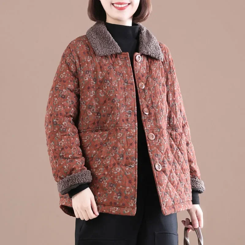 

Female Autumn Winter Loose Short Cotton-padded Jacket Women Floral Coat Cotton-padded Jacket Middle-aged Cotton Linen Jacket A21