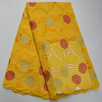 

High Quality Yellow 100%Pure Cotton African Swiss Voile Lace Fabric French Stones Embroidery Voile Lace Materials In Switzerland