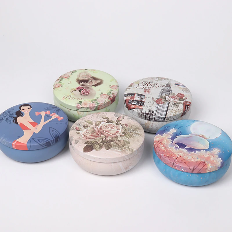 1PC Multi-Style Mini Round Pocket Tea Sugar Coffee Storage Box Tin Box Kitchen Flower Drawing Style Mousse Cake Packaging Gifts