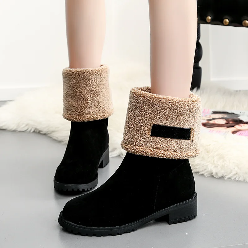SWYIVY/женская зимняя обувь из коровьей замши на танкетке; женские короткие плюшевые теплые зимние ботинки года; женские ботинки; черная обувь; женские резиновые ботинки