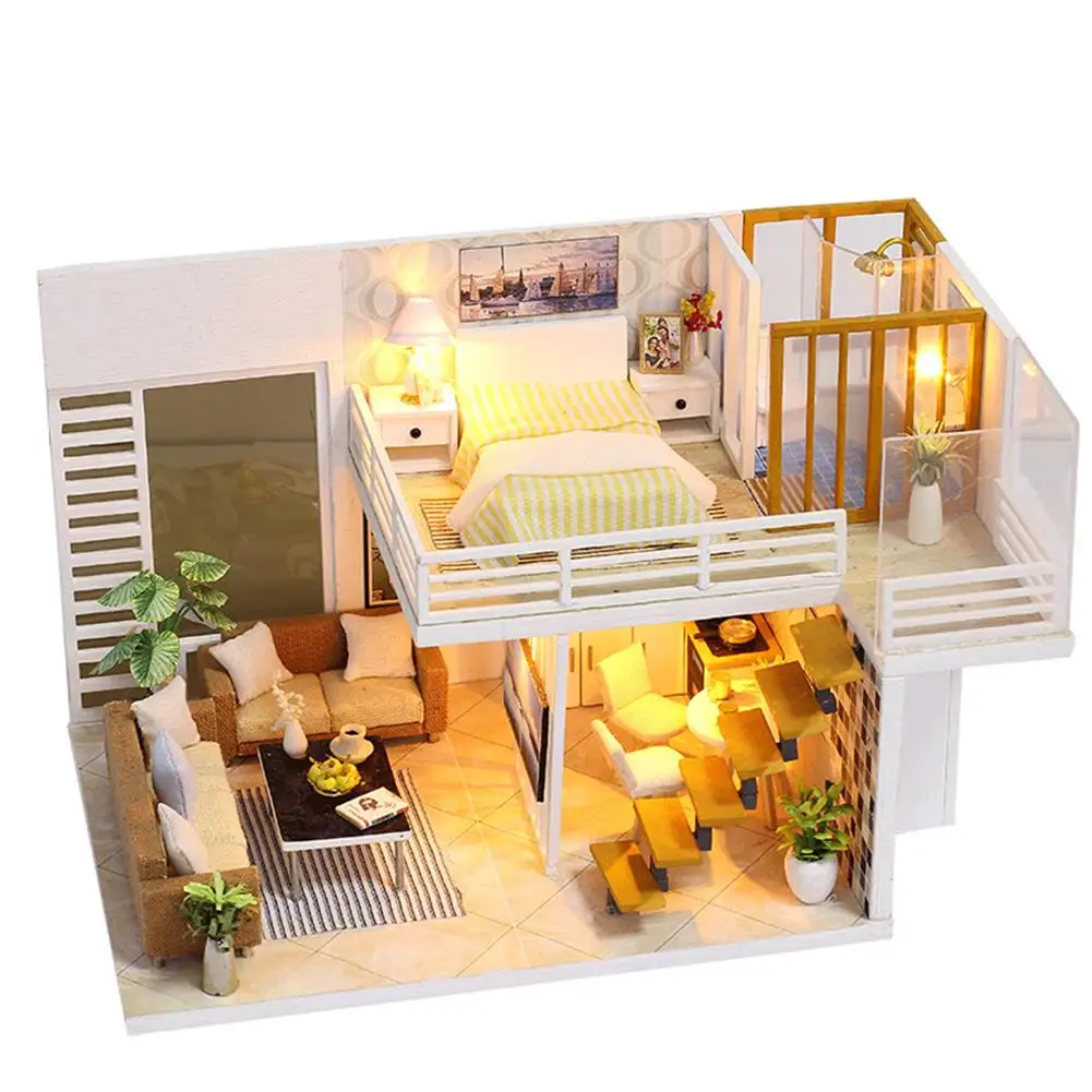 Casa de boneca diy brinquedo de madeira miniatura casas de bonecas em miniatura brinquedos com móveis capa poeira presente aniversário
