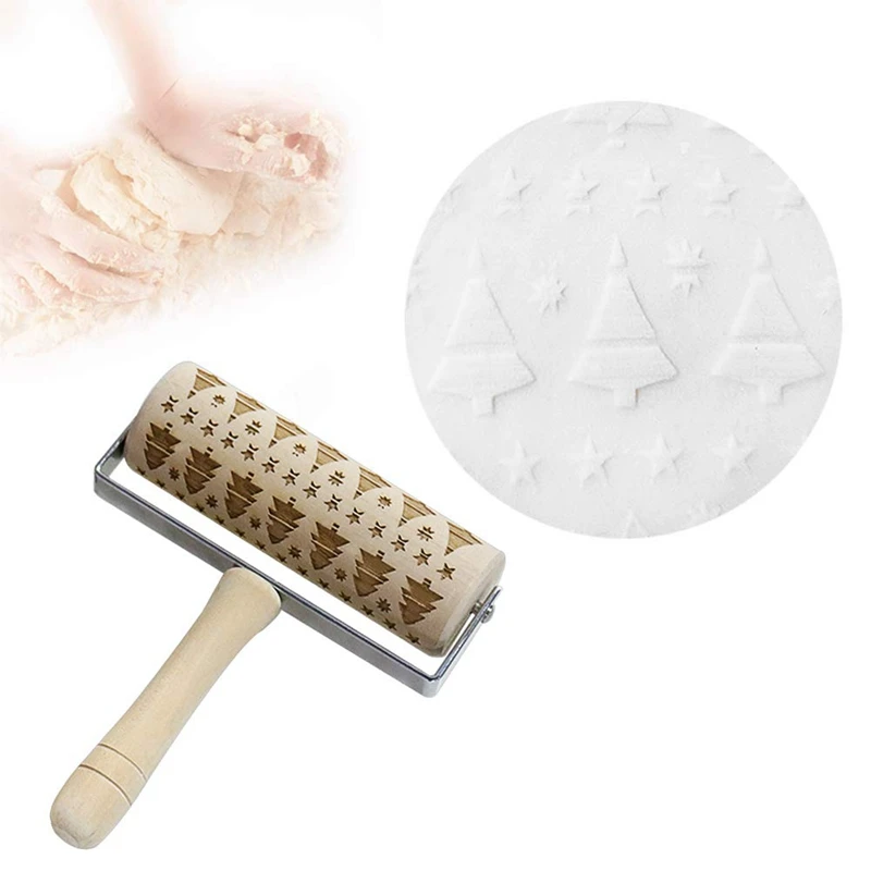 AFBC Hand-Held Embossed Rolling Pins Christmas Wooden Hand Grip Engraved Rolling Pin for Baking Non-Stick Bossed Professional Do