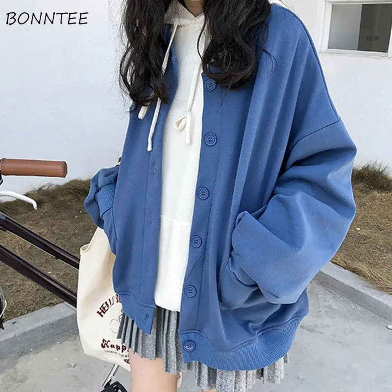

Hoodies Women Single Breasted Korea Style Simple Solid O-Neck Loose Students Korean Style Caual Womens Harajuku Pockets Zip-Up
