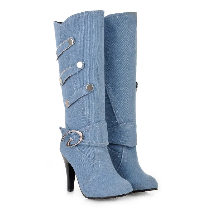 light blue Женские ботинки из джинсовой ткани; сезон осень-зима; пикантные сапоги до колена на высоком каблуке; женская обувь с ремешком и пряжкой в стиле панк; zapatos mujer; chaussures femme - Цвет: light blue
