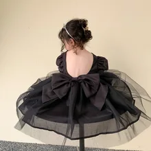 

Cute Baby Girl Bowknot Tulle Dresses for Child Solid Color Short Sleeve Children Clothes Girl Black Color Tutu Dress for Party