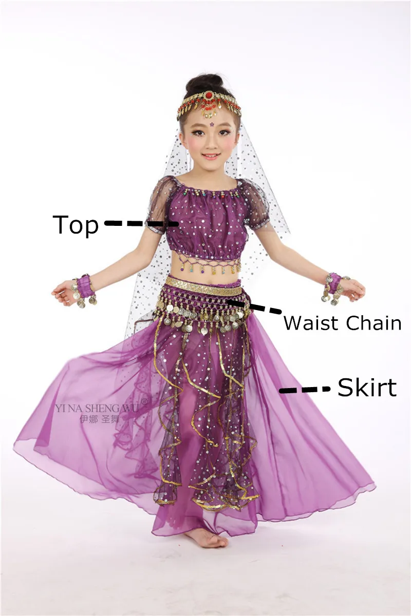 Purple 3pcs Стиль, Детский костюм для танца живота, костюмы для восточных танцев для девочек, одежда для танца живота, костюмы для индийских танцев, набор для детей - Цвет: Purple 3pcs
