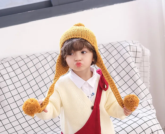 Шапка-ушанка для детей 2-5 лет, зимняя вязаная шапка с помпонами, одноцветная теплая шапка унисекс