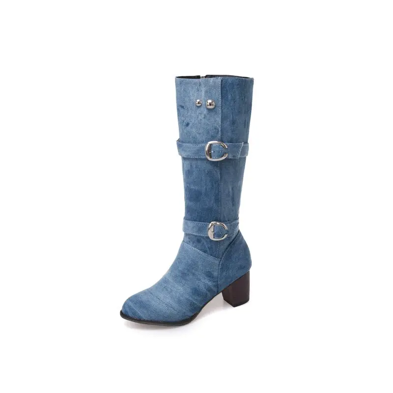 Rimocy/теплые ботинки до середины икры из джинсовой ткани женские ботинки на Высоком толстом каблуке с металлической пряжкой женские зимние ботинки размера плюс 34-48 - Color: Sky blue