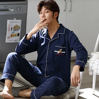 

Cardigan Pajamas Men Spring And Autumn Cotton Youth Korean-Style Long Sleeve Trousers Set Tracksuit-Outer Wear