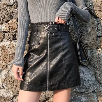 

Korean Shtyle Small Leather Skirt Female 2019 Autumn New Ins Black Skirt Zipper Belt High Waist Bag Hip A Word Skirts Womens