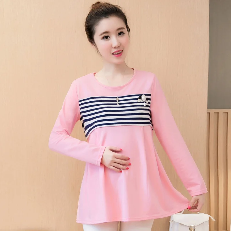 

Maternity Clothes 2019 Spring Korean-style Stripes Joint Feeding Tops Nursing Dress Send Brooch
