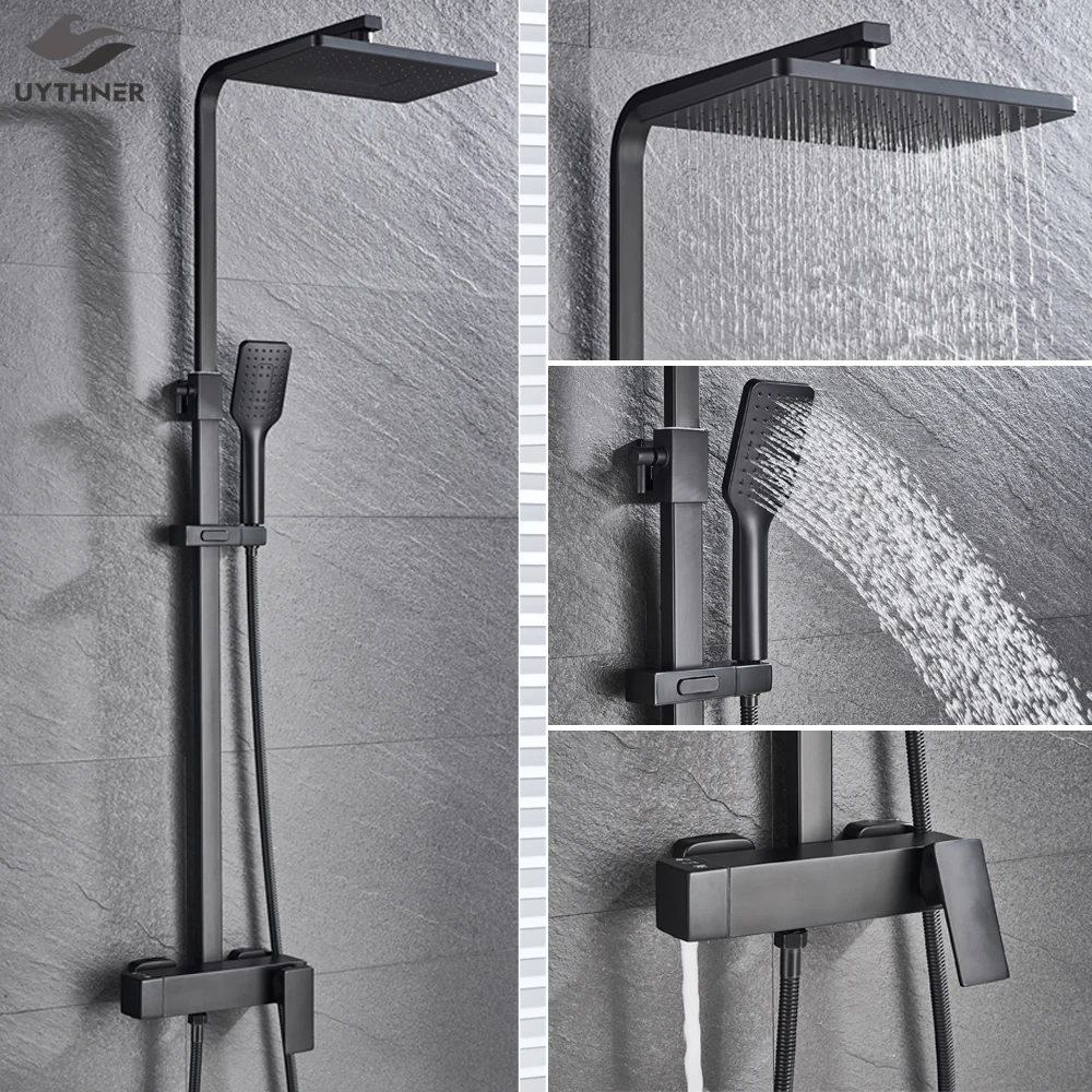 Details about   10" Black Rain Shower Faucet Set Square Head Bathroom Wall Mounted Tub Mixer Tap