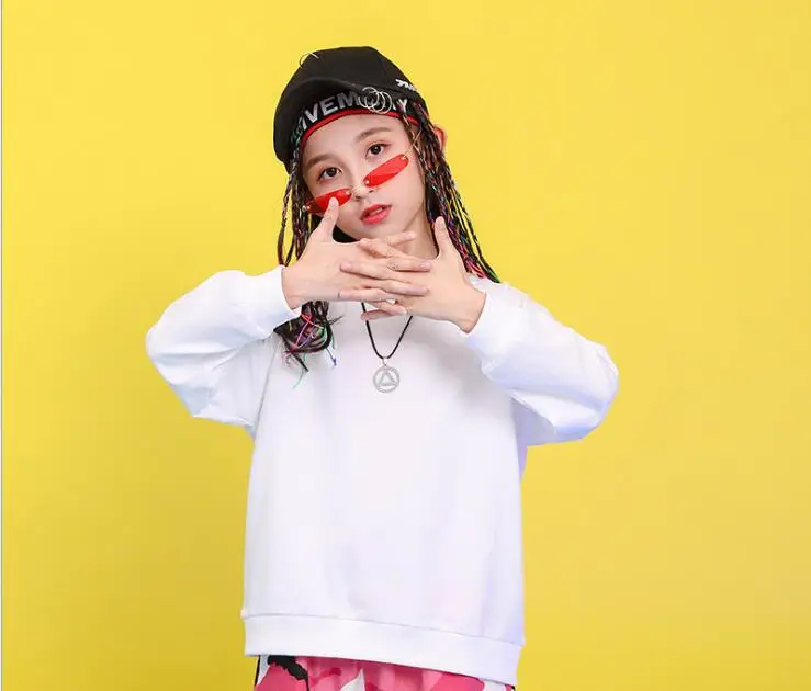White Sweatshirt Детская Одежда для танцев в стиле хип-хоп; толстовка; топы; камуфляжные повседневные штаны для бега; костюм для джазовых танцев для мальчиков и девочек; одежда - Цвет: White Sweatshirt