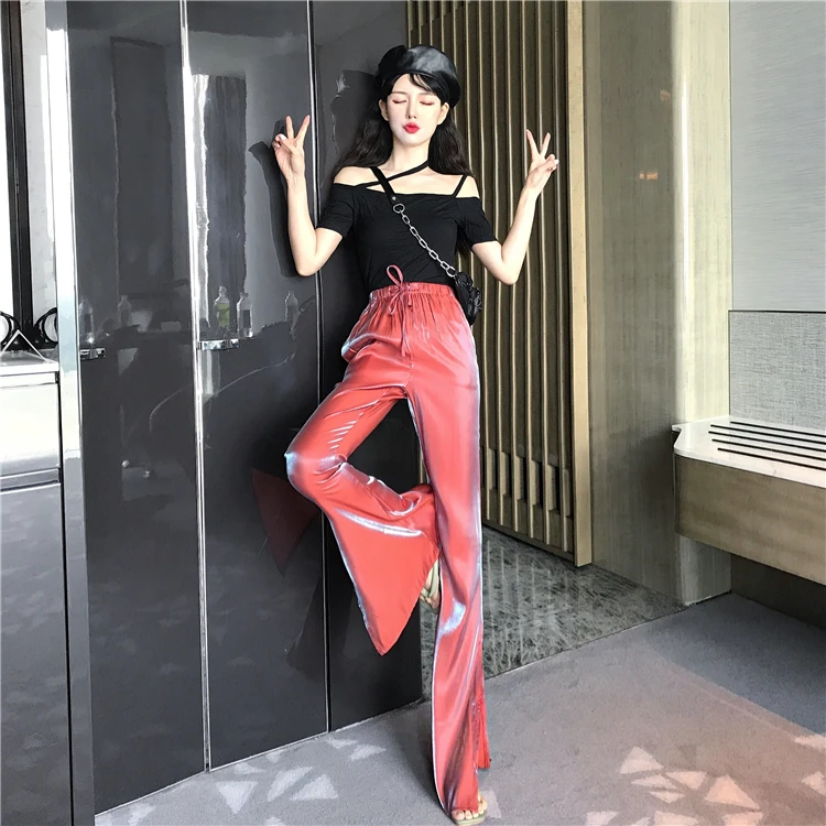 WHITNEY WANG модные уличные Сплит Металлические Широкие брюки женские повседневные брюки