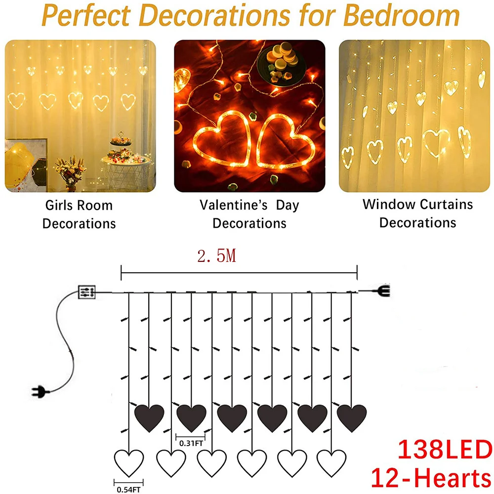 thumbnail image 5 of Cortina de luces con forma de corazón de 2,5 m para bodas, confesión de amor, lámpara de hadas para el día de San Valentín, fiesta de Navidad, ventana, decoración de jardín, 5 of 5