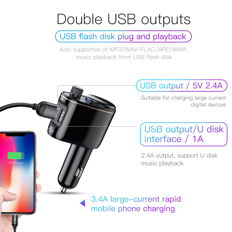 Автомобильное USB зарядное устройство Baseus, автомобильный fm-передатчик для iPhone, Xiaomi, AUX, mp3-плеер, fm-модулятор, двойной USB, автомобильная зарядка для мобильного телефона