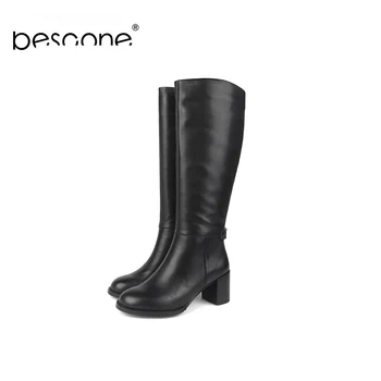 

BESCONE Genuine Leather Women Boots Winter Warm Round Toe Handmade Wool Shoes Basic Solid Zipper 7 cm High Heel Lady Boots BC205