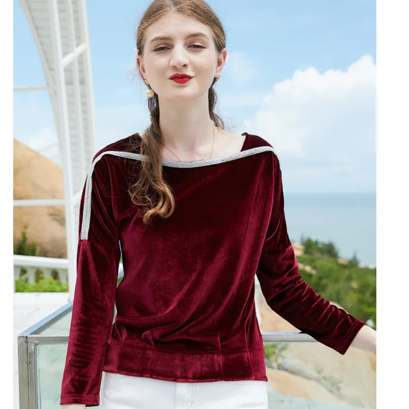 

Autumn Women's Square Collar Pullovers Lady Loose Velvet Stitching Tops Women Long Sleeve Casual Fashion Tops
