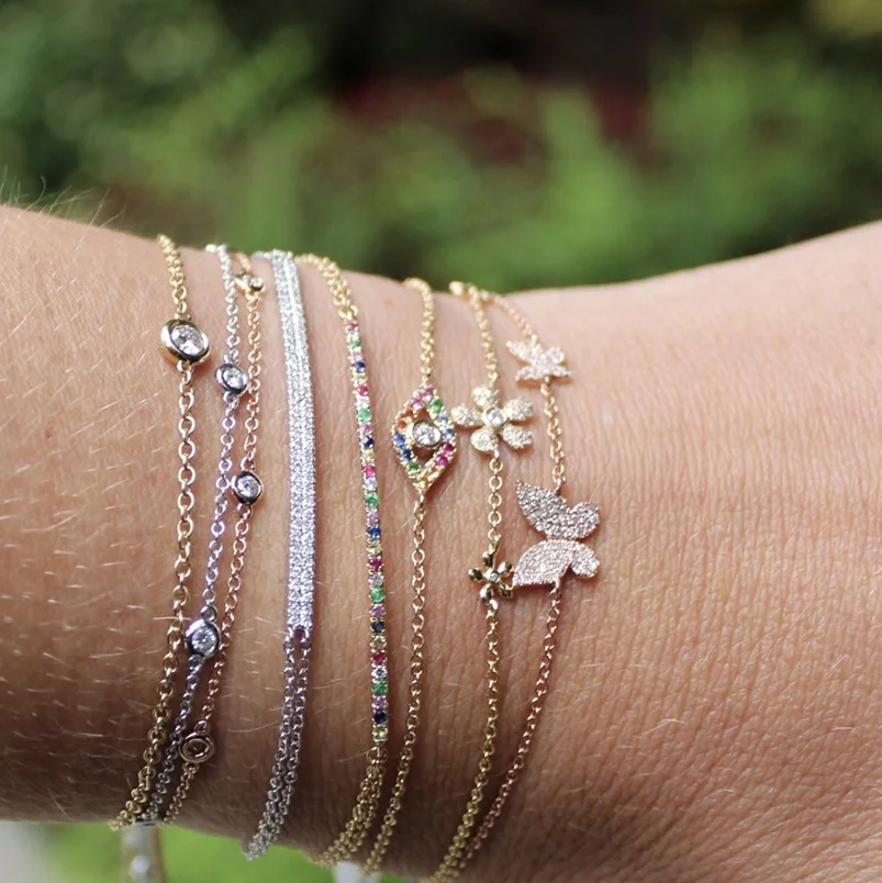 

925 Sterling Silver Link Chain Rainbow Color Bracelet AAA CZ Colorful Round Crystal Flat Bar Charms Bracelet Jewelry for women
