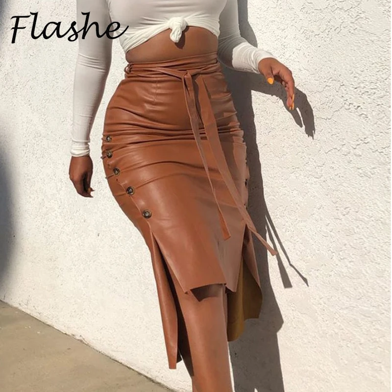 Women Faux Leather Skirt Asymmetric Khaki Red Black High Waist Slim