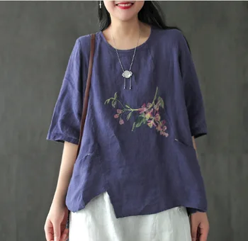 

2020 Summer T-shirt Retro Women Loose Casual Pullovers Tops O-Neck Short Sleeve Embroidery Mori girl All-match T-shirt