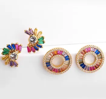 

moon multicolor Brass micro pave cz zircon cubic zirconia drop Hoop Earrings studs copper gold plated crystal wg2f