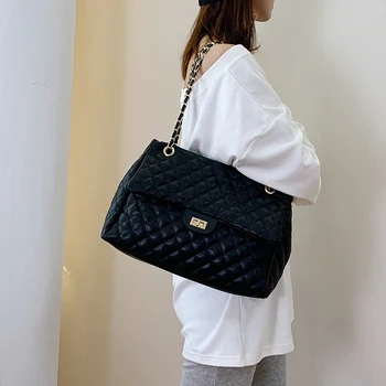 

Large Black Plaid Women Tote Shoulder Bag 2020 Trendy Leather Female Crossbody Bags Designer Diamond Lattice Chain Lady Handbags