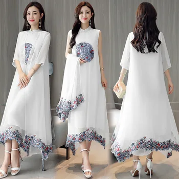 

Dress 2019 summer new Korean version versatile elegant casual loose medium length slim cheongsam suit fashion