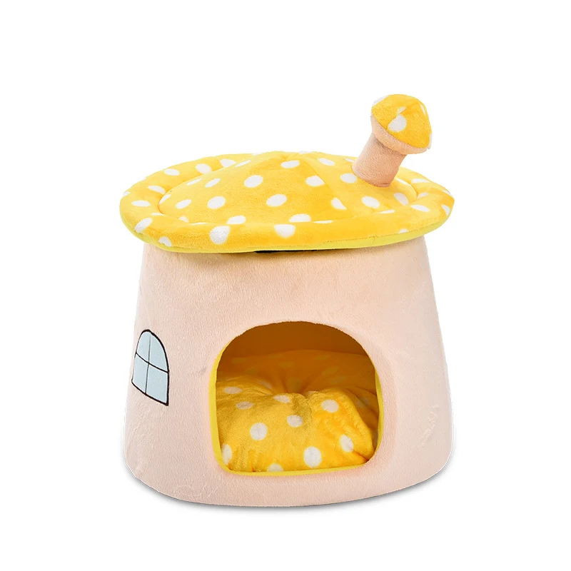 Цвет: желтый Polka Dot Small Mushroom Pet Kitten House Dog Cat House Puppy Kennel Doggy Bed Foldable Basket Cute Animal Cave Pet Products - Цвет: Цвет: желтый