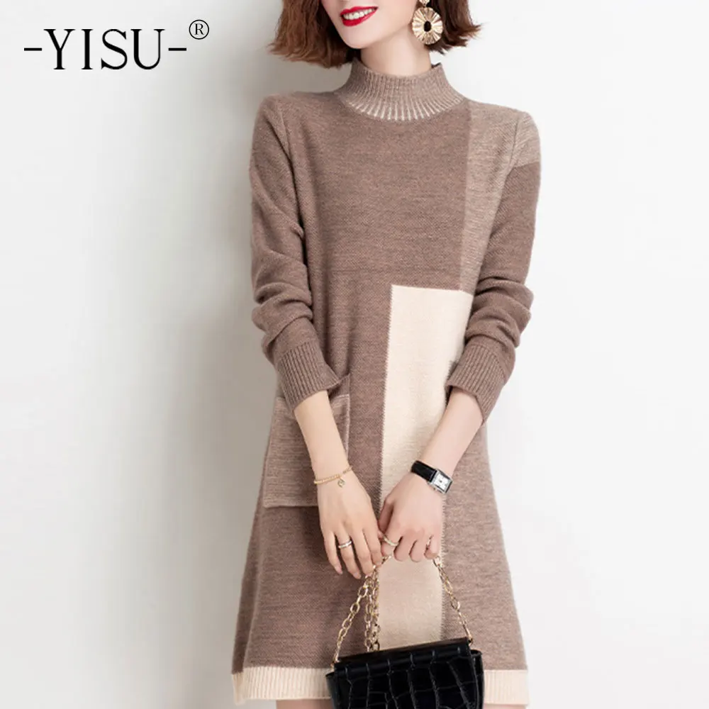 YISU Autumn Winter Women Sweater Dress Turtleneck Sweater Dress Fashion Warm Knitted Pullover Dress Casual Female Jumper Dress
