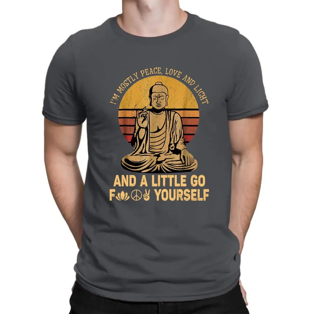 Buddha I'M Mostly Peace Love and Light and A Little Go Retro Cotton Tee Shirts for Men Short Sleeve Tops Hip Hop Clothes Short S
