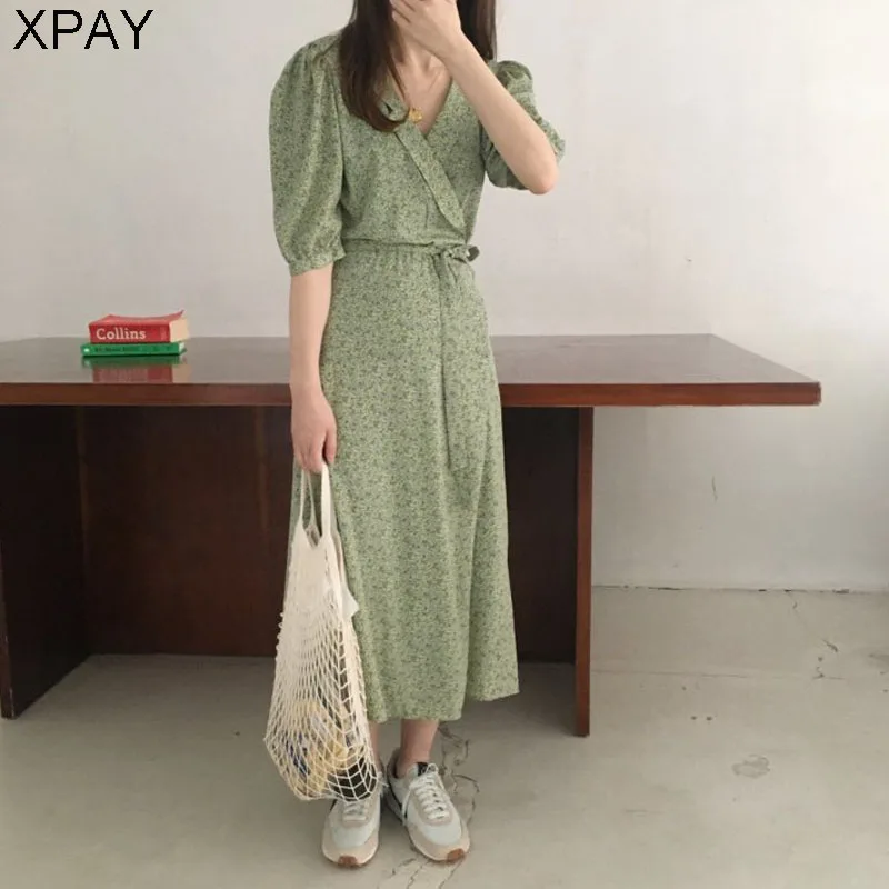 

2020 New Fashion Retro Spring Sexy V-Neck Sashes Maxi Dress Elegant Chiffon Floral Women Long Dress Party Female Dresses Vestido