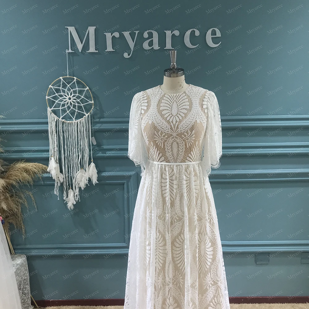 Mryarce Bescheidenes Hochzeitskleid mit hohem Kragen und ausgestellten Ärmeln, Boho-Spitze, Übergröße, Bohemian-Brautkleid – Detail 3