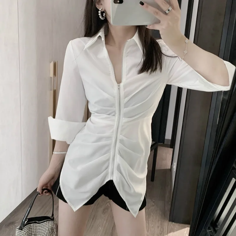 [EWQ] 2020 Autumn Ladies Solid New Product Design Long Sleeve Niche Irregular Cut Fold European Sexy Zipper Shirt Top Women 1725 |