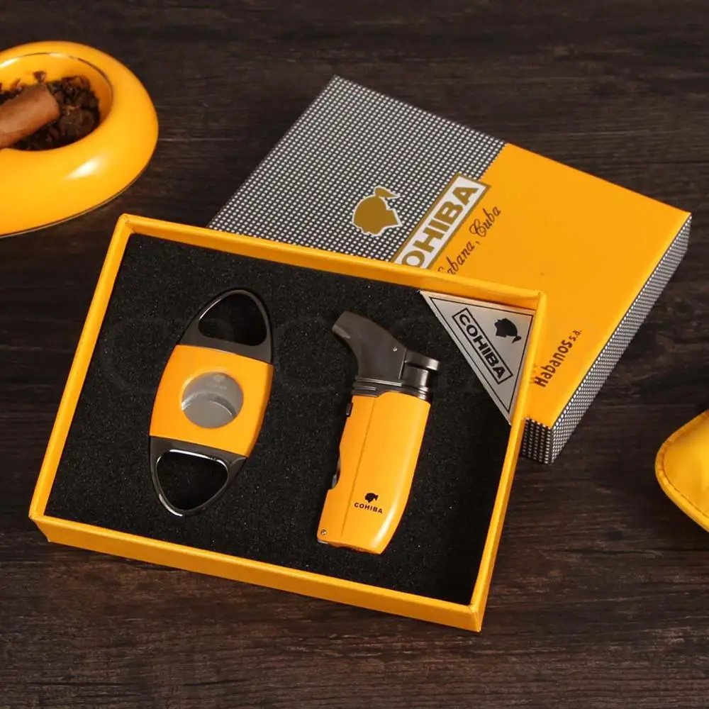

COHIBA Cutter Lighter Set Gas 2 Jet Flame Cigar Lighter Metal Pocket Stainless Steel Sigaar Cutter Sharp Scissor Cigar Gadgets