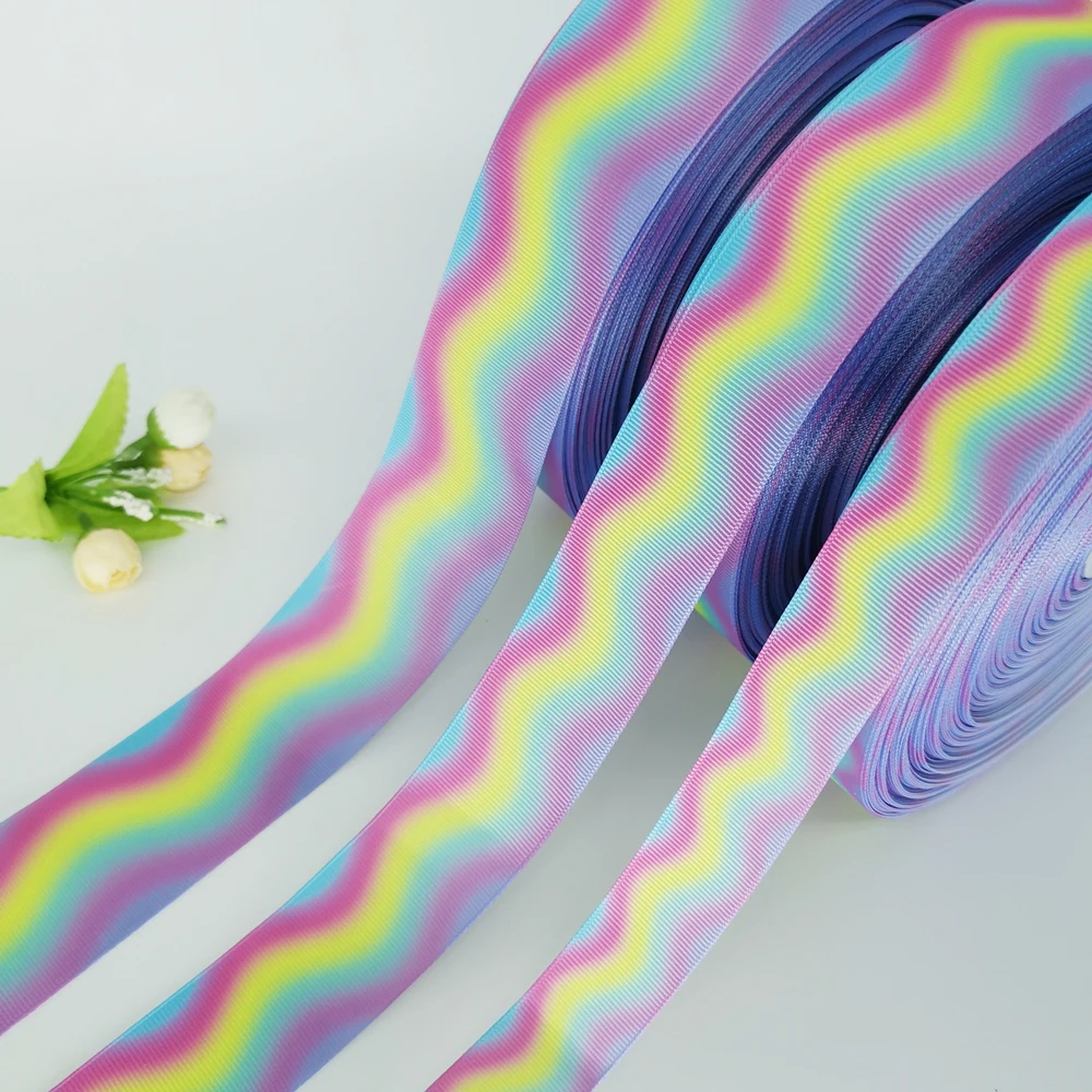 DIY Rainbow Color Gradation Printed Grosgrain Ribbon Hair Bow Party Sewing Glitter Craft 5 Yards 25mm 38mm 50mm