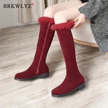 

2020 big size 34-48 fashion winter snow boots low heel round toe knee high boots keep warm solid color women boots