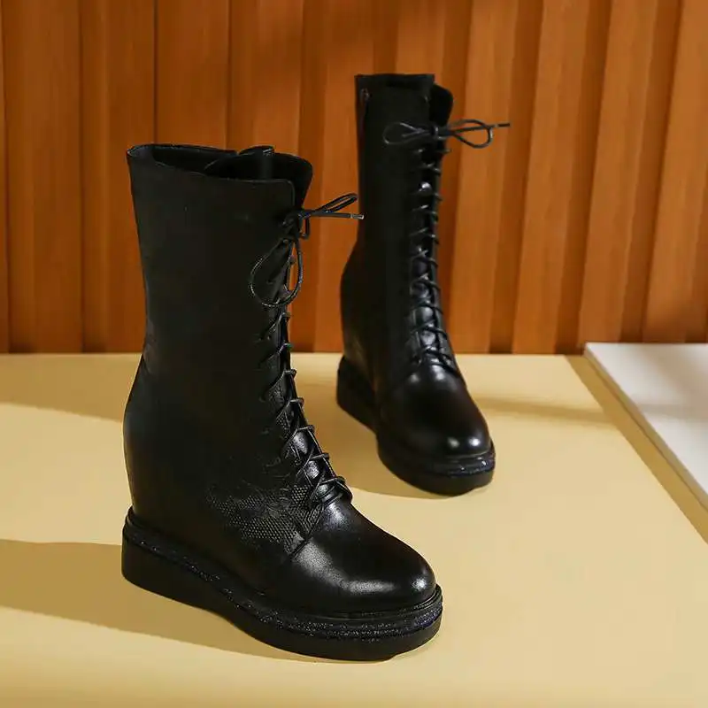 Lenkisen/теплые зимние женские сапоги до середины икры из мягкой коровьей кожи с принтом в британском стиле, на молнии сбоку, со шнуровкой, на высоком каблуке, L11