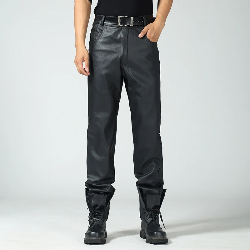 Men's Warm High Waist Leather Pants Deep Crotch Cowhide Trousers