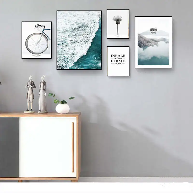 

Scandinavian Sea Wave Dandelion and Bicycle Canvas Wall Art Poster Nordic Style Landscape Print Painting Nature Decor Pictures