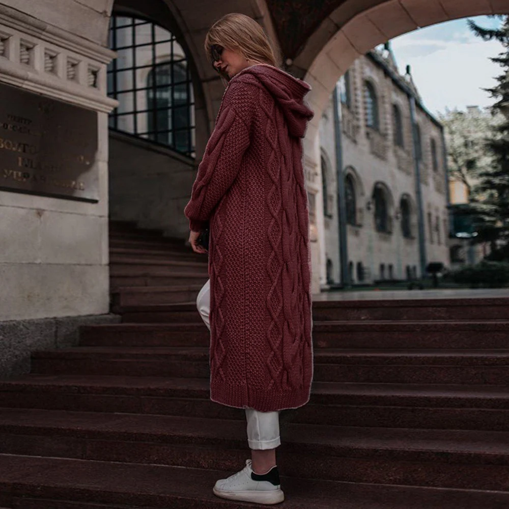 Wine Red Осенний кардиган, свитер, пальто, женский длинный Однотонный свитер с капюшоном, Женский вязаный джемпер, пальто размера плюс 5XL, женская уличная одежда - Цвет: Wine Red
