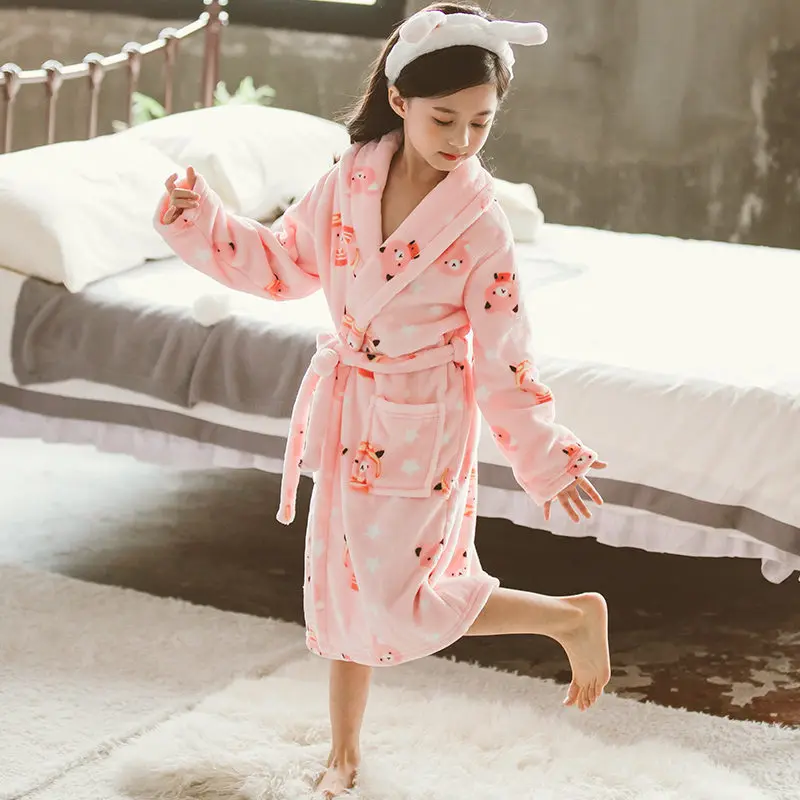 

Princess Girl Flannel Bathrobe Bear Bath Robe For Kids Fleece Bear Pajama Cartoon Characters Child Bathrobe For Age 4-12 Years