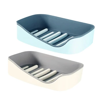 

2set Wall Mounted Self Adhesive Soap Sponge Dish No Drilling Storage Box Rack Shelf Double Drain Soap Dishes Gray & Blue