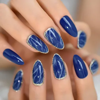 

Glossy Blue Marble Stiletto False Nails Silver Glitter Pre Designs Medium Fake Nail Manicure Artificial Women Deco Nails Tips