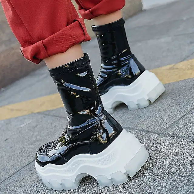 US $51.63 SARAIRIS Brand Design 2020 Patent Leather Platform Ankle Boots Woman Shoes Fashion Slip On Women Bo