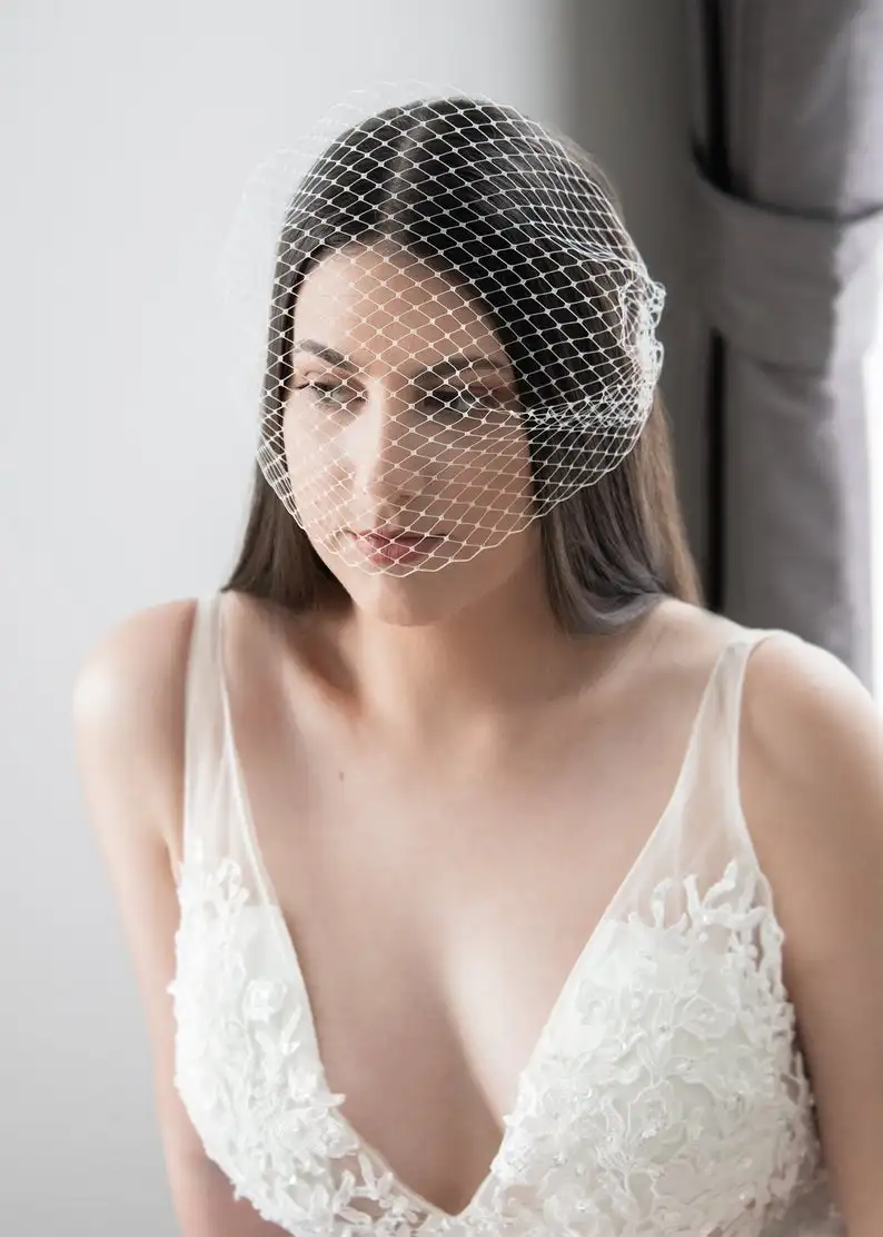 White/Ivory Birdcage veil French Netting Handmade Blusher Veil Bridal Wedding day Simpe Veil Bride
